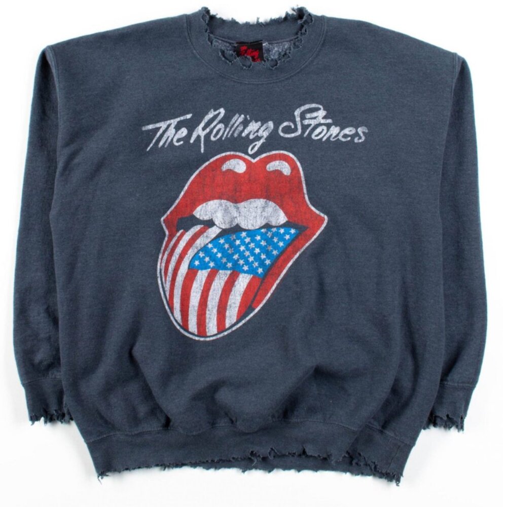 Rolling Stones Tongue Logo Distressed Collar Sleeve Bottom Grey Sweatshirt M - Picture 1 of 9